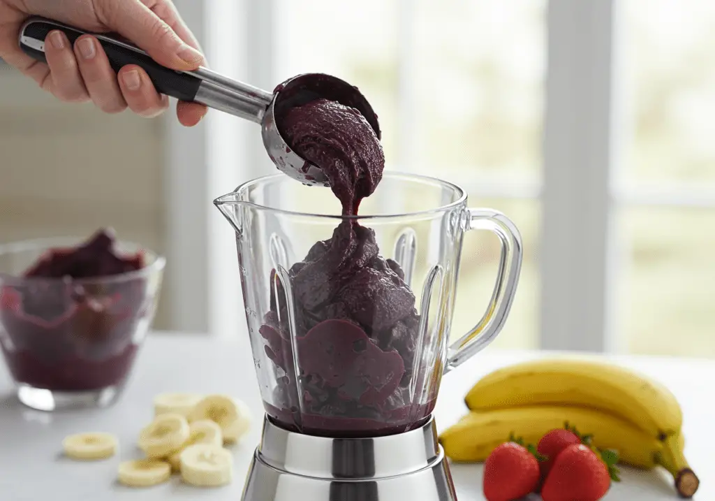 Frozen açaí pulp and fruits ready to be blended for Açaí na Tigela Energizante do Norte.