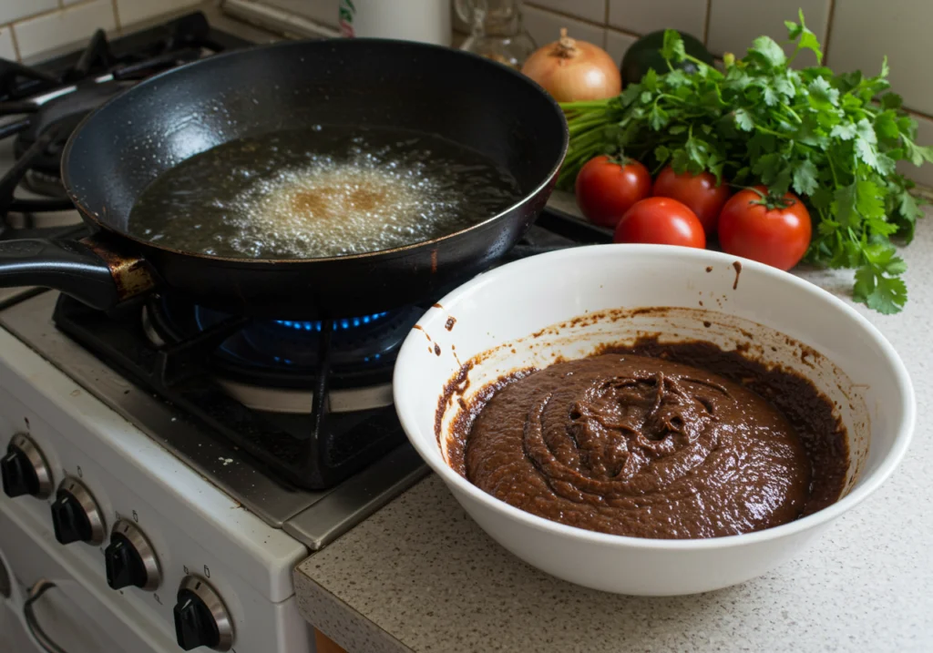 Aquecendo óleo em uma frigideira para fritar Acarajé Baiano Saboroso.