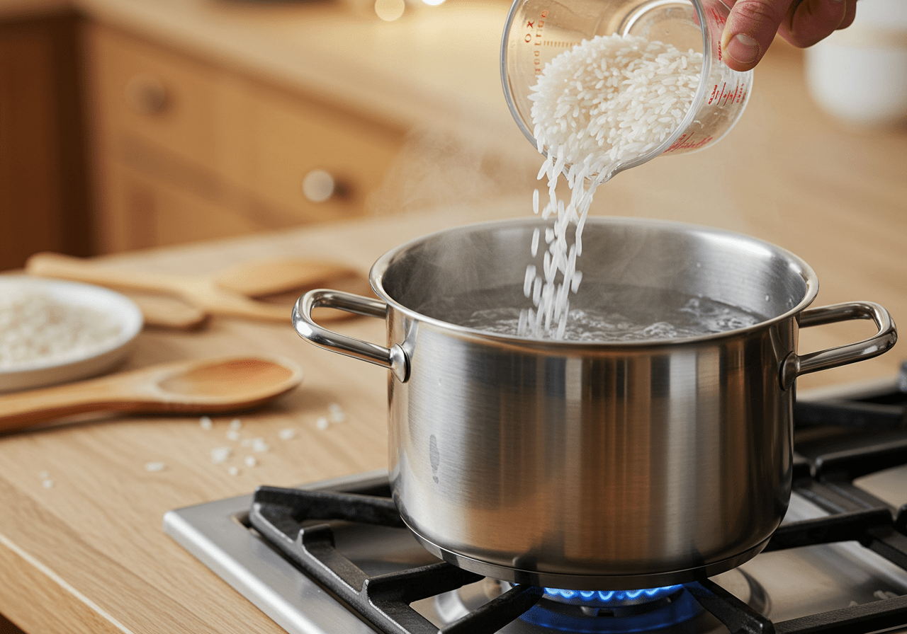 Arroz sendo cozido em água fervente para preparar o Arroz de Forno Completo com Queijo Derretido.