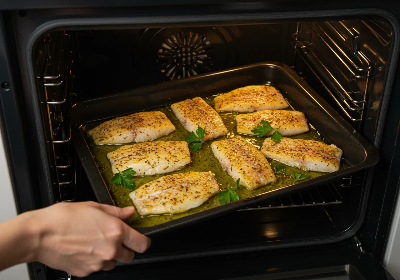 Bacalhau gadus morhua being prepared for roasting in the oven, drizzled with olive oil.