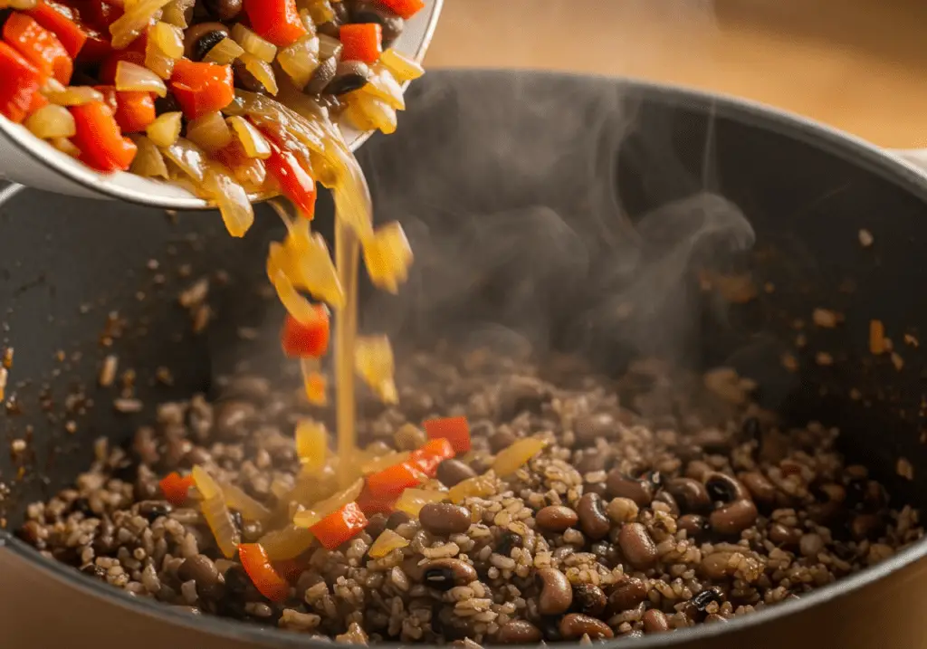 Combining sautéed vegetables with rice and black-eyed peas for Baião de Dois.