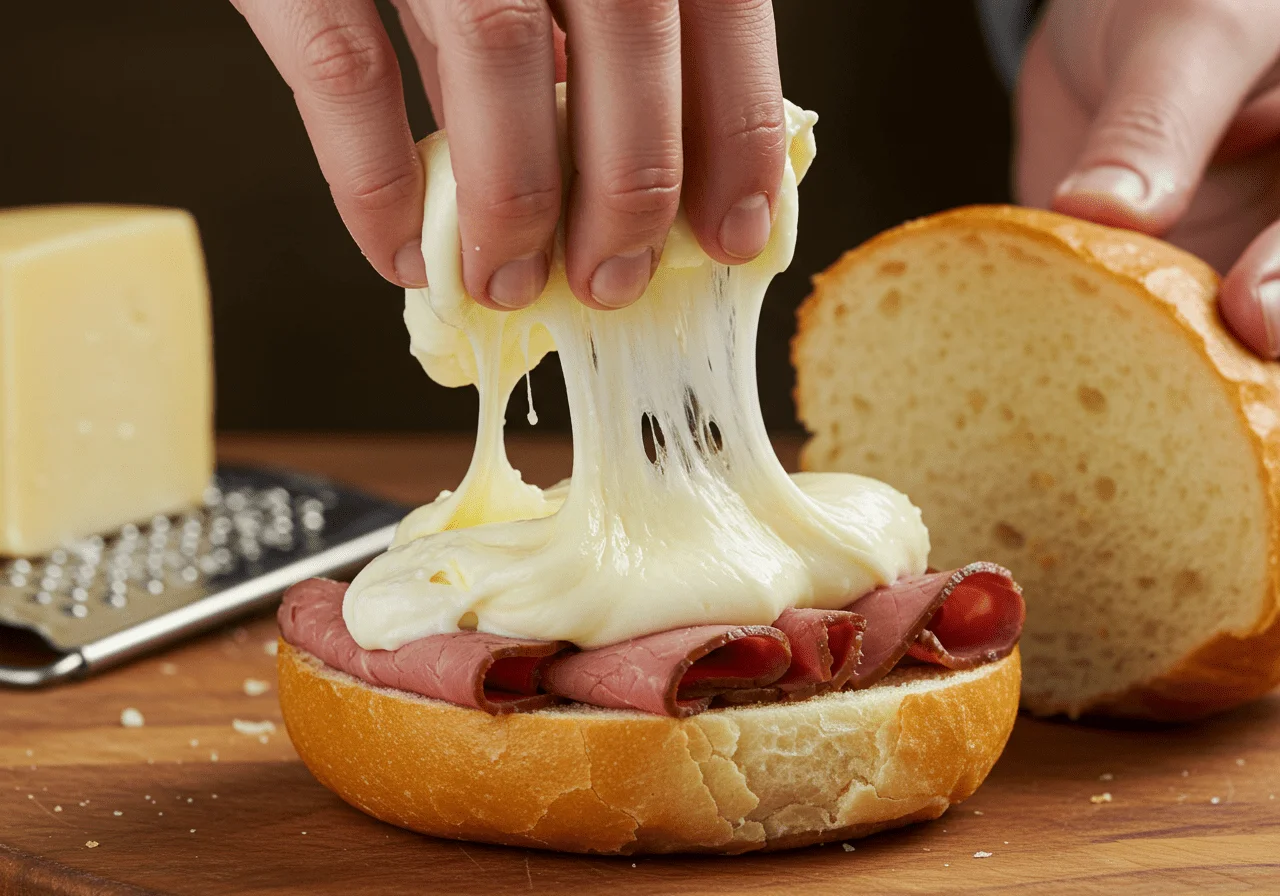 Queijo mussarela derretido sendo colocado sobre o rosbife no pão para o Bauru.