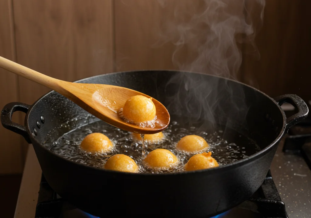 óleo quente pronto para fritar Bolinho de Chuva Aconchegante na panela.