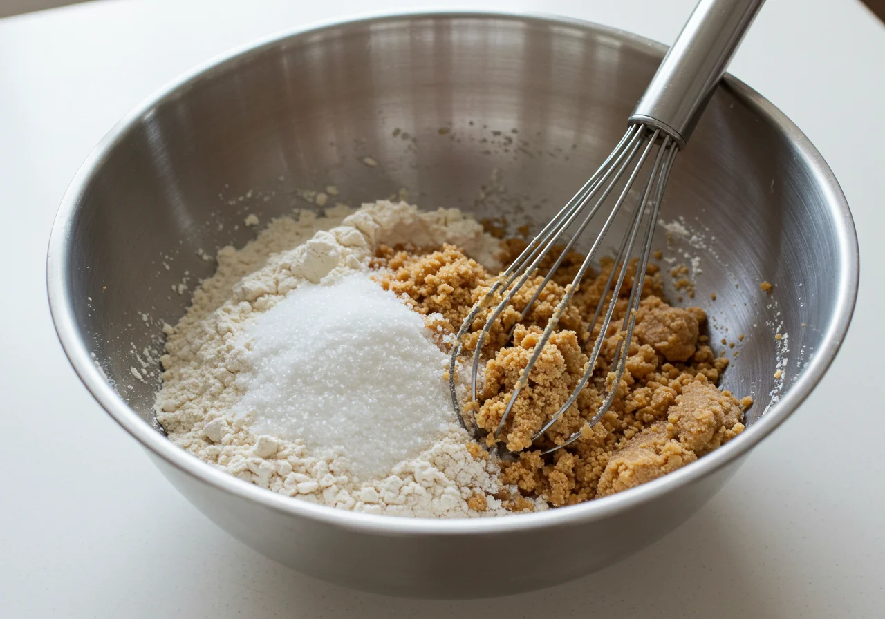 Ingredientes secos misturados em uma tigela para o bolo de amendoim com doce de leite.