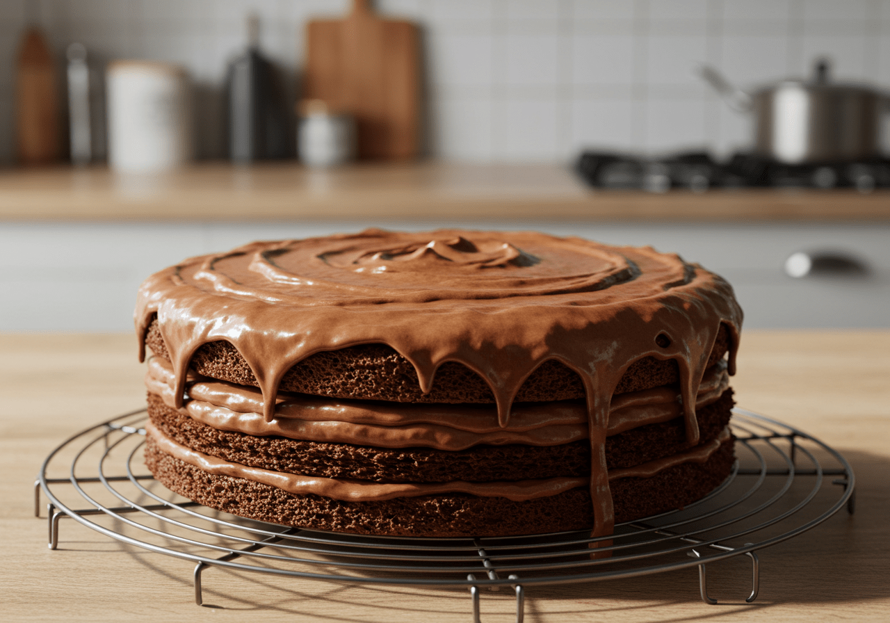 Bolo de brigadeiro com cobertura farta em resfriamento antes de servir.