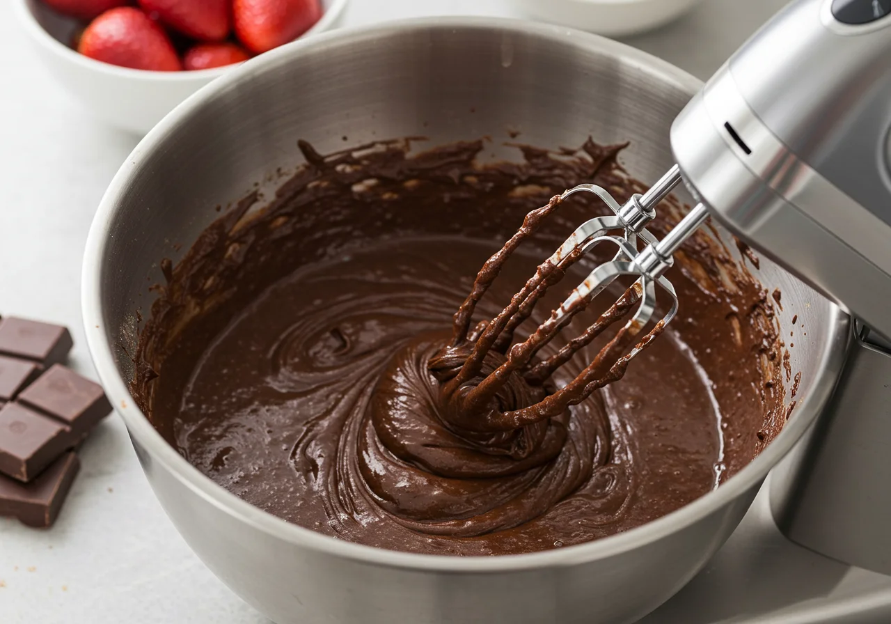 Mistura de chocolate sendo batida para o Bolo de Chocolate com Morango.