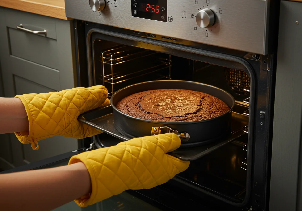 Forma de Bolo de Chocolate com Morango sendo colocada no forno para assar.