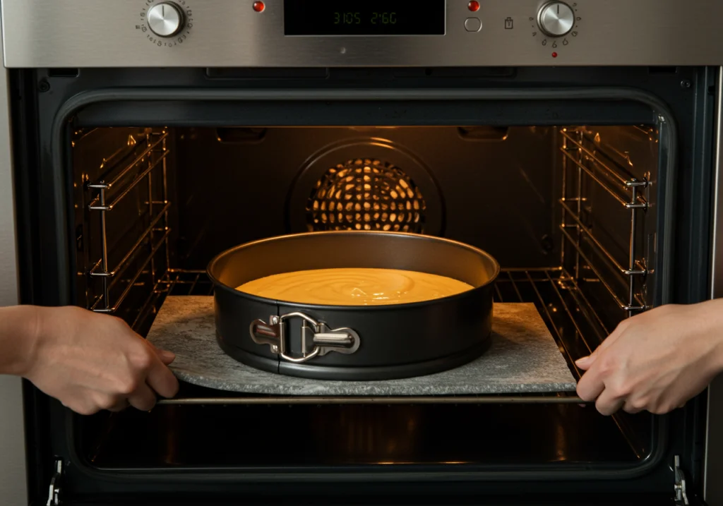 Bolo de Chocolate com Morango sendo colocado no forno para assar.