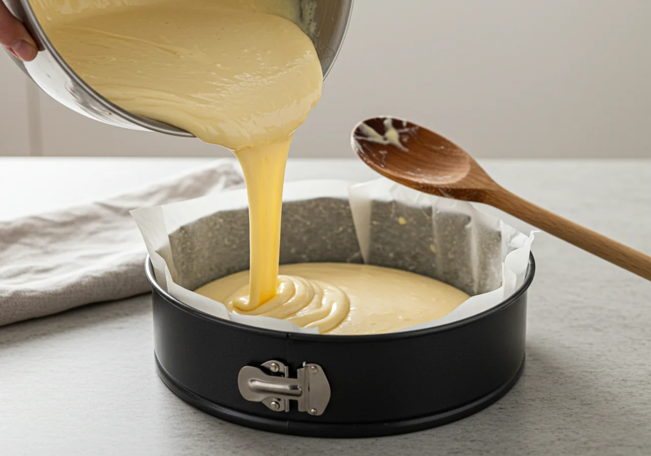 Despejando a massa do bolo na forma para Bolo de Coco com Doce de Leite.