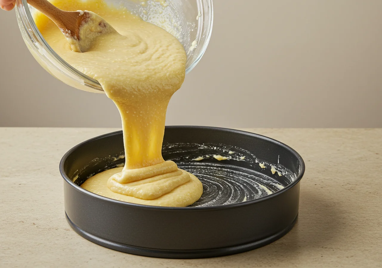 Colocando a massa do bolo de fubá com erva-doce na forma para assar.