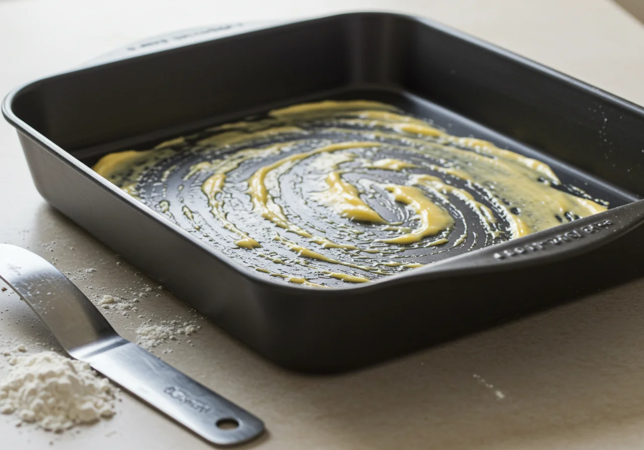 Forma untada com manteiga, pronta para receber a massa do bolo de fubá cremoso.
