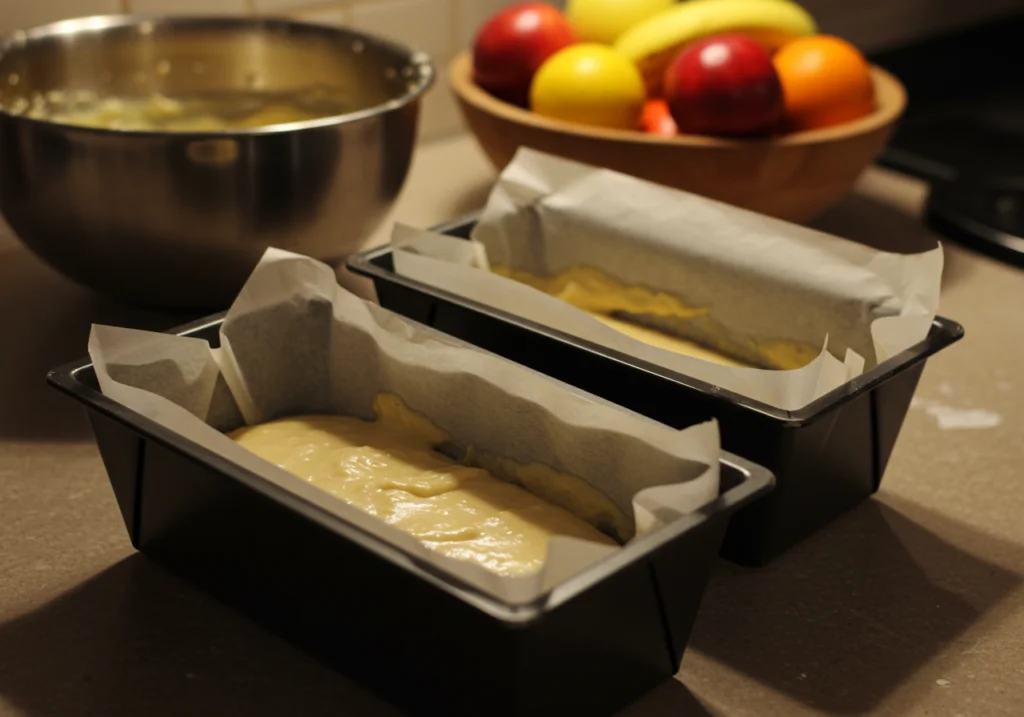 Forma de bolo forrada com papel manteiga, pronta para receber a massa do Bolo de Iogurte com Frutas.
