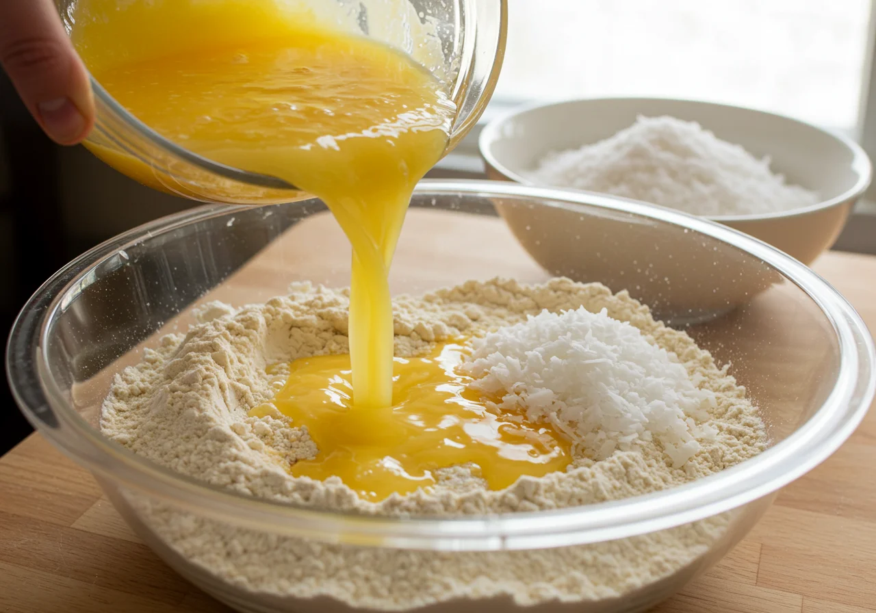 Suco de laranja sendo adicionado à mistura seca para Bolo de Laranja com Coco.