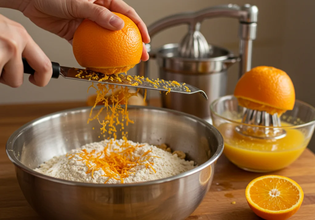Cascas de laranja sendo raladas na mistura do bolo de laranja com coco.