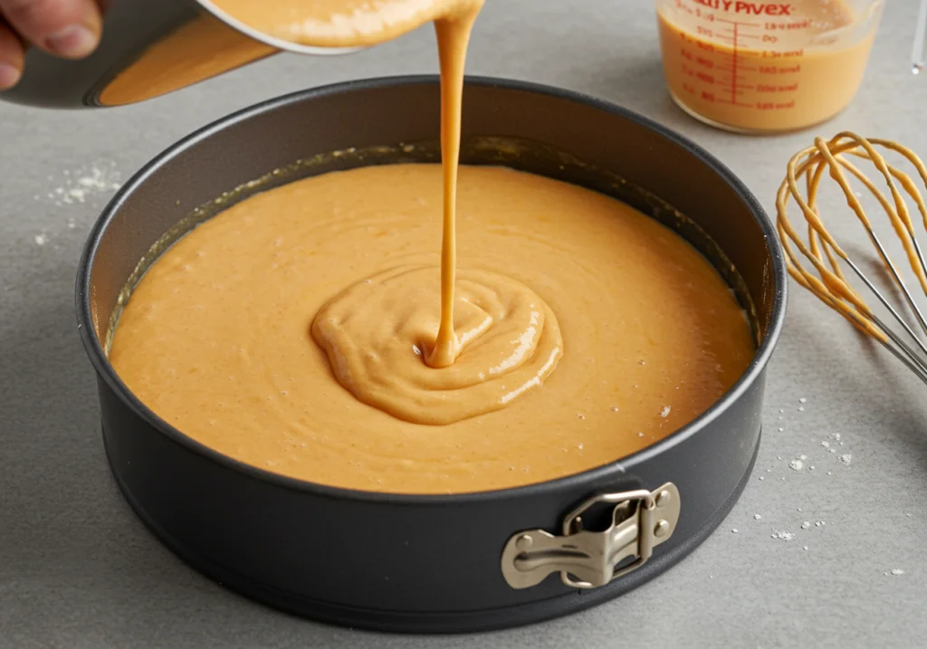 Massa do bolo de laranja com coco sendo despejada na forma apropriada.