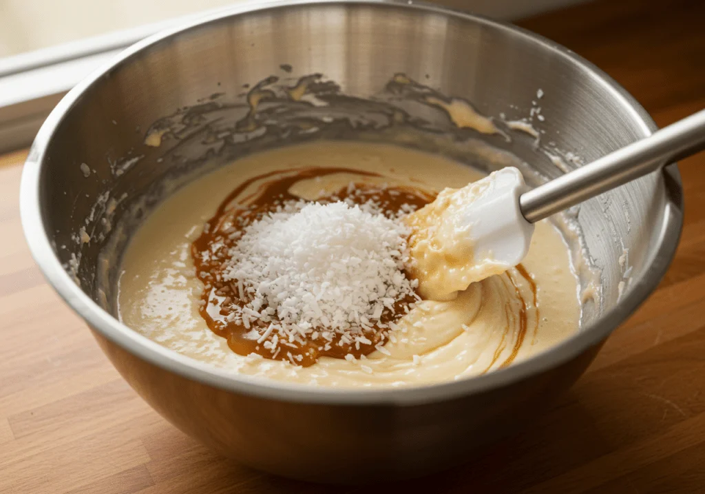 Massa cremosa sendo misturada para o Bolo de Limão com Coco.