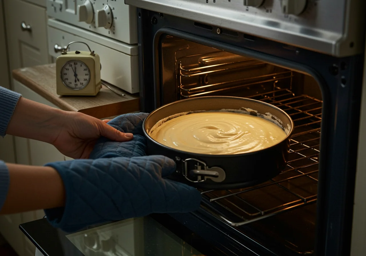 Forma de bolo sendo colocada no forno para o Bolo de Maçã com Caramelo.