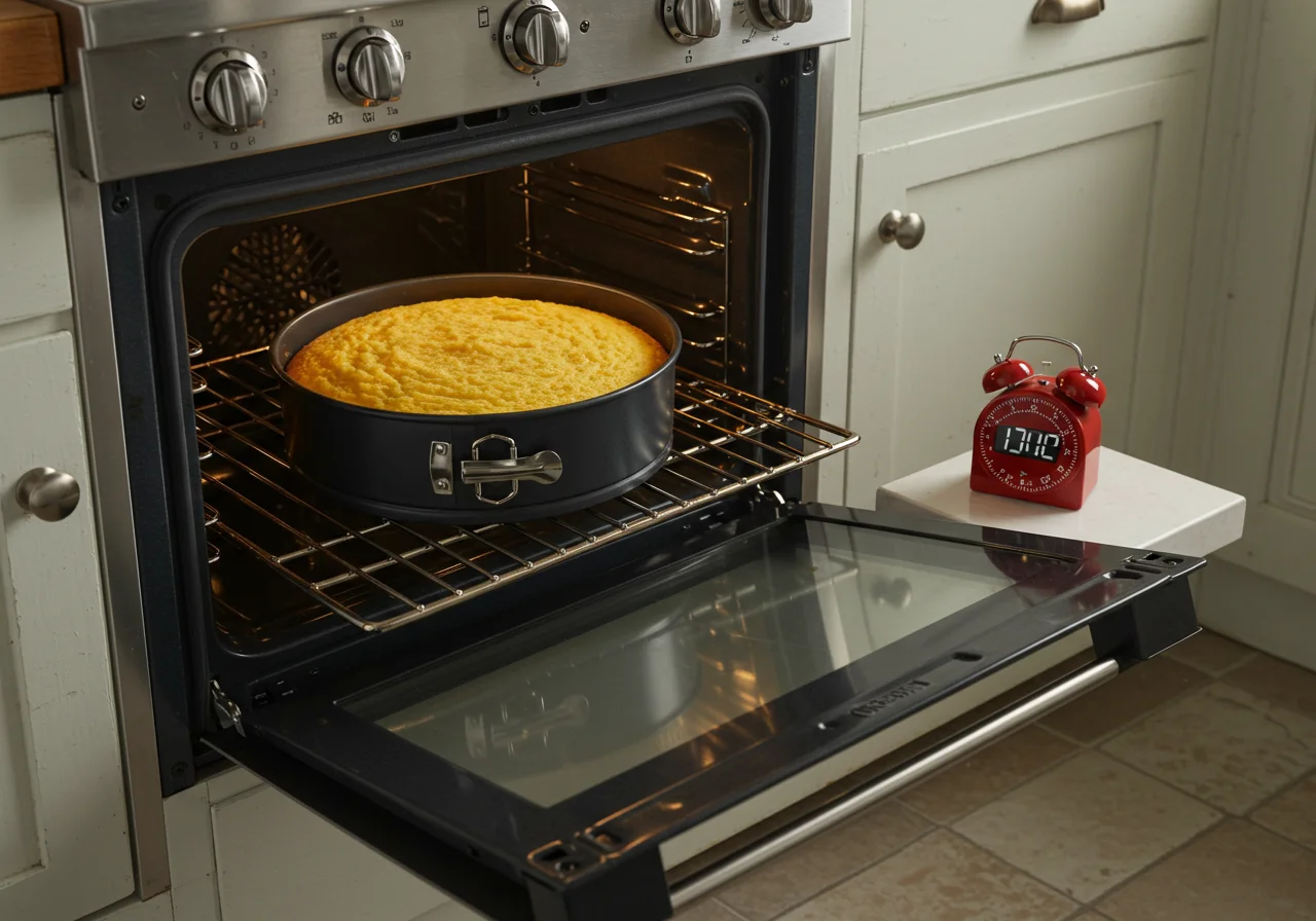 Forma de bolo de milho sendo colocada no forno pré-aquecido para assar.