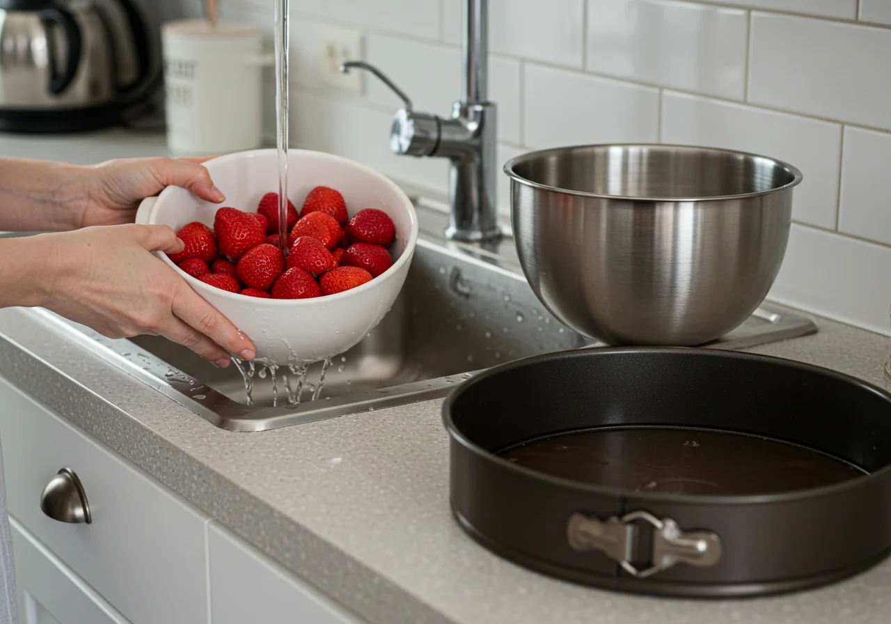 Preparando morangos frescos para o Bolo de Morango com Chantilly.