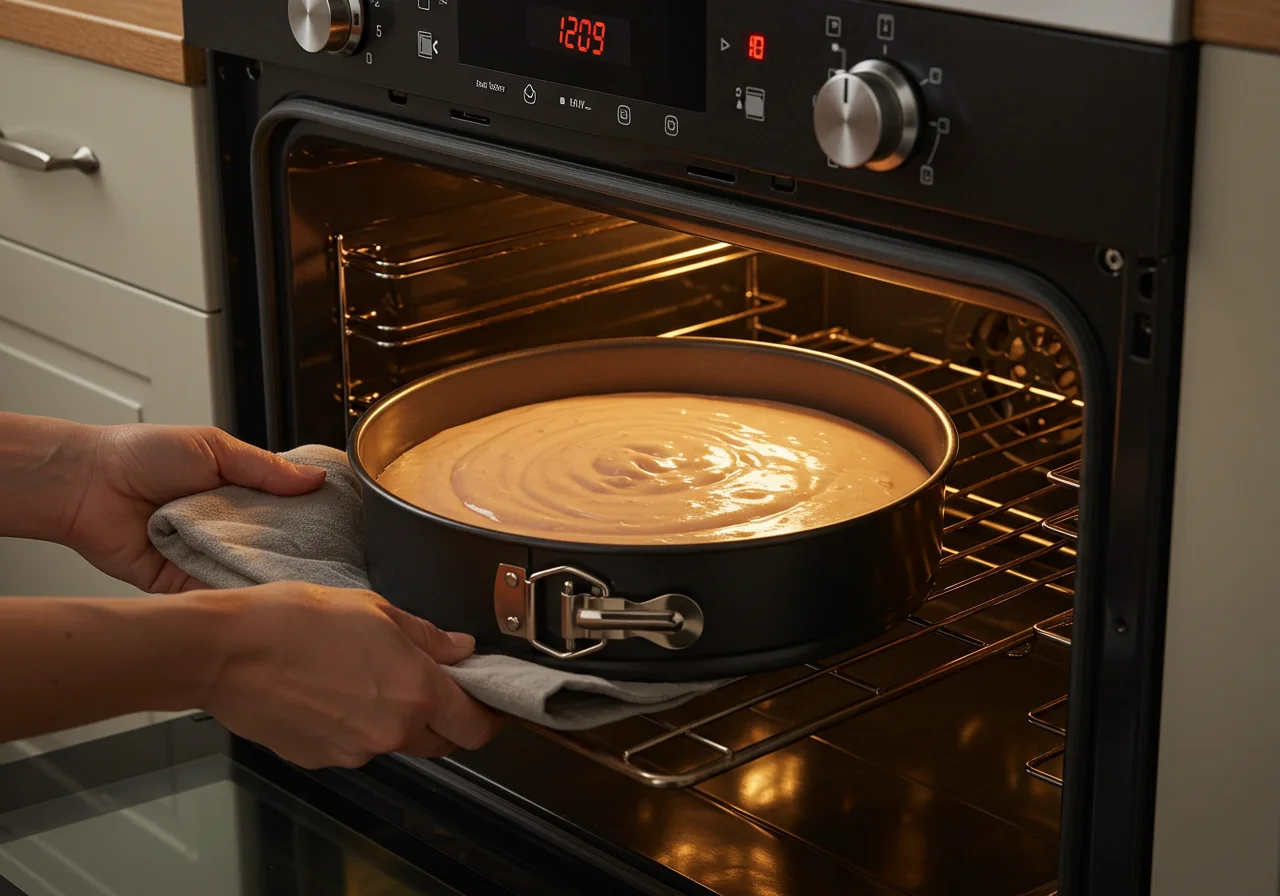Forma de bolo com massa de morango sendo colocada no forno.