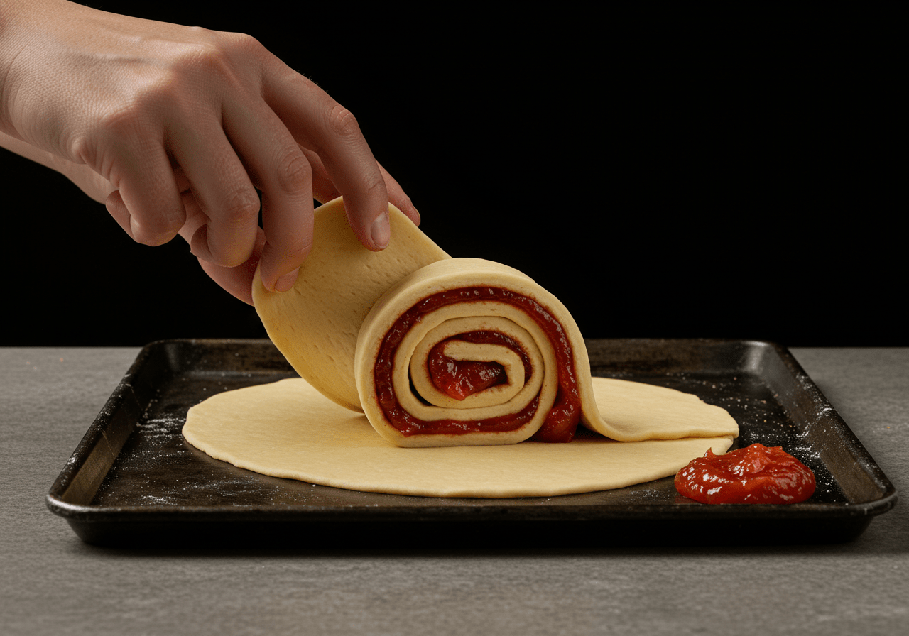 Massa com goiabada sendo enrolada em forma de rolo para assar o Bolo de Rolo.