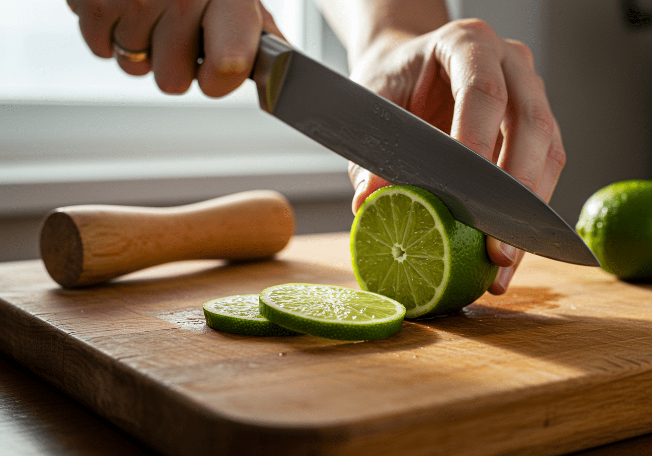 Limes being cut into wedges for Caipirinha Refrescante do Verão Tropical.