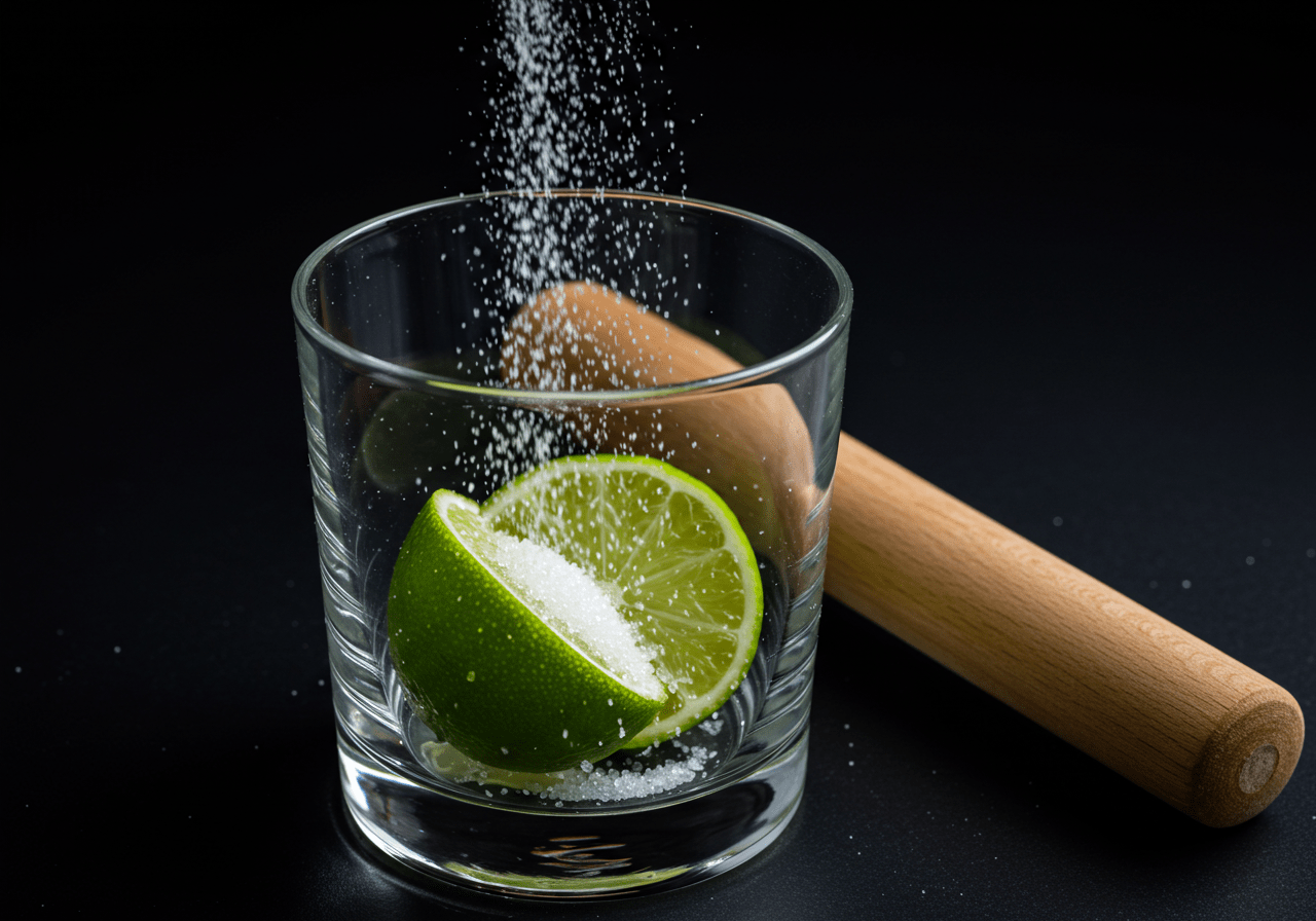 Lime wedges and sugar in a glass for making Caipirinha Refrescante do Verão Tropical.