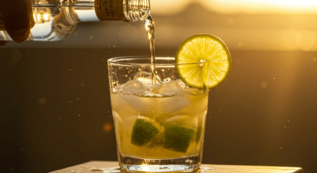 Cachaça sendo adicionada ao copo para finalizar a Caipirinha Refrescante.