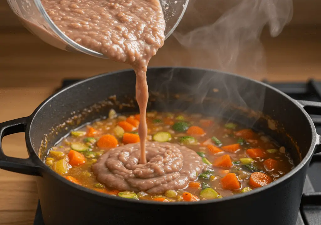 Caldo de feijão espesso e aromático sendo cozido em fogo baixo.
