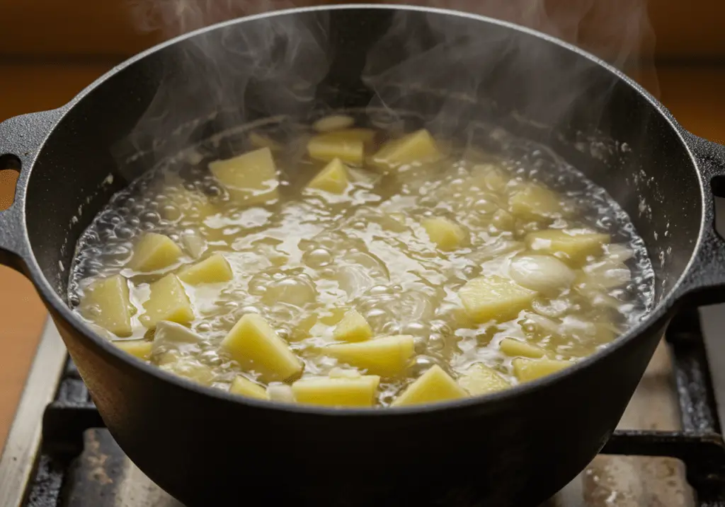 Caldo verde cozinhando com batatas, cebola e alho formando uma base cremosa.