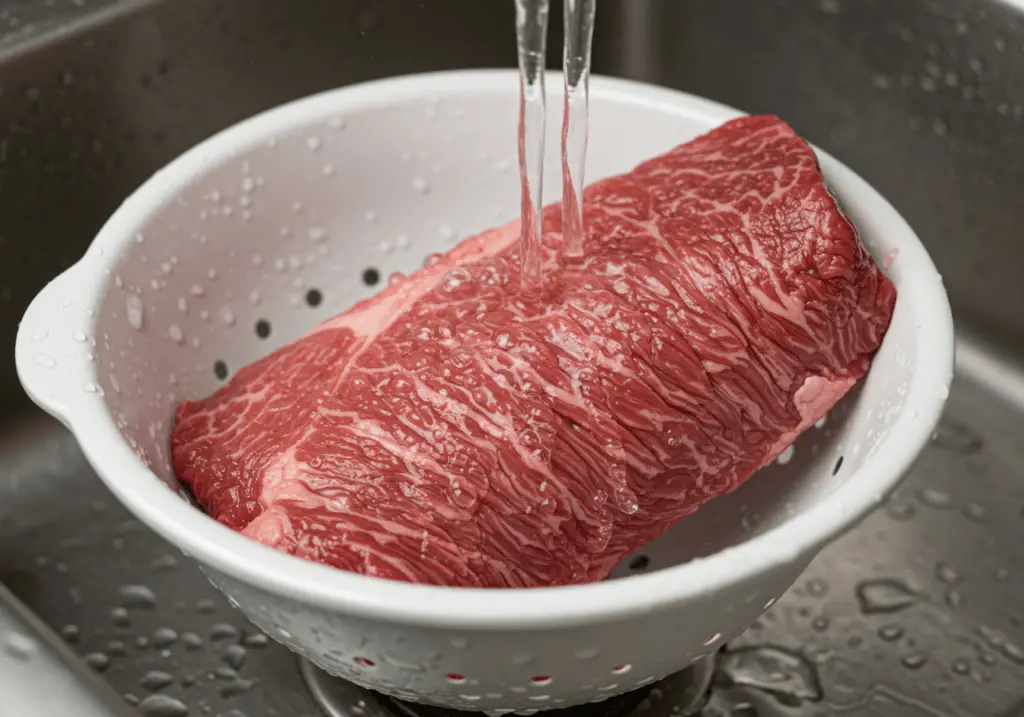 Carne-de-sol sendo lavada para remover o excesso de sal no preparo da Carne-de-Sol Desfiada com Paixão.