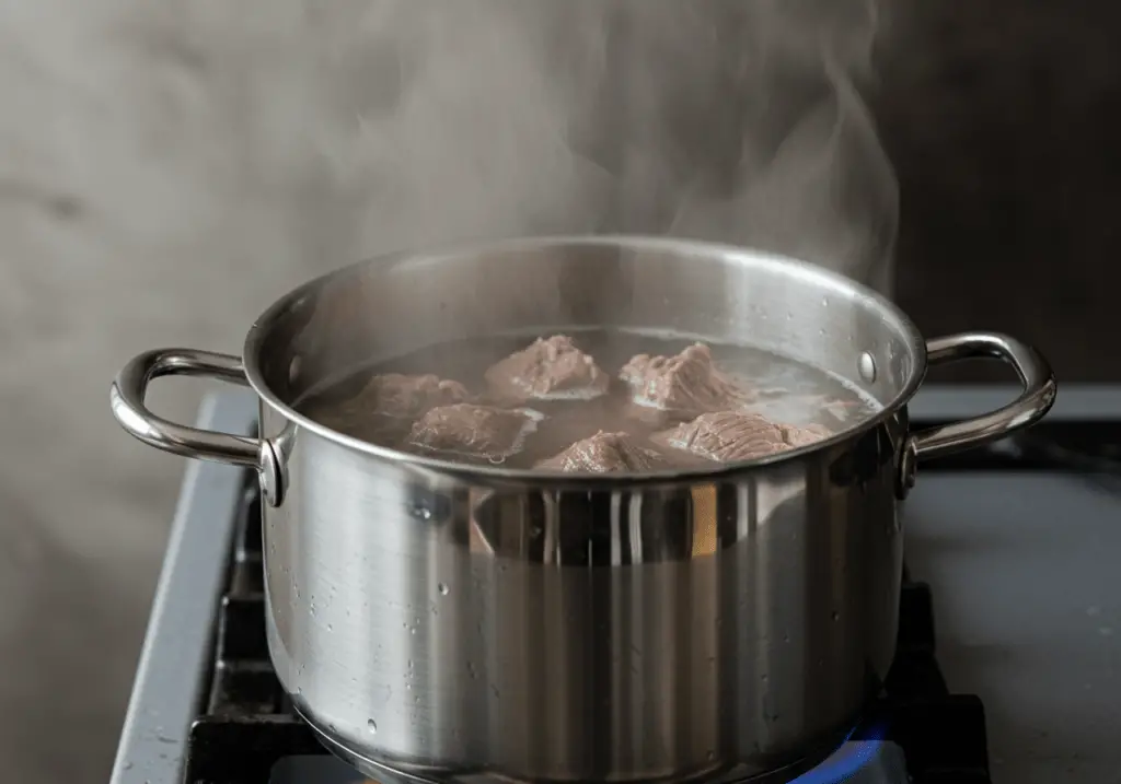 Carne-de-sol cozinhando em água fervente para ficar macia e desfiável.
