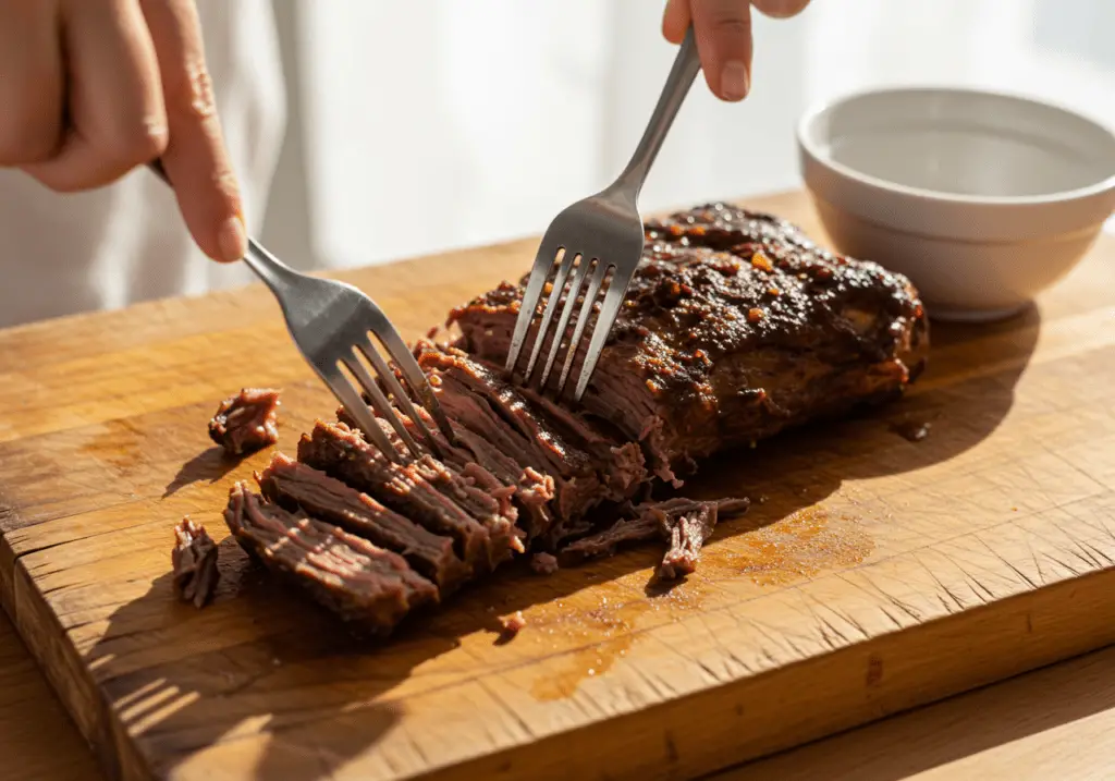 Carne-de-sol cozida sendo desfiada cuidadosamente com garfos para a receita.
