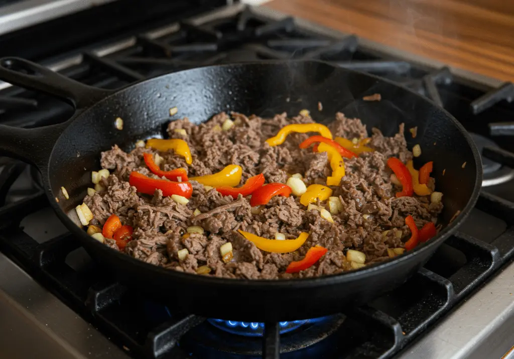 Carne-de-sol desfiada refogada com cebola, alho e pimentão para realçar o sabor.