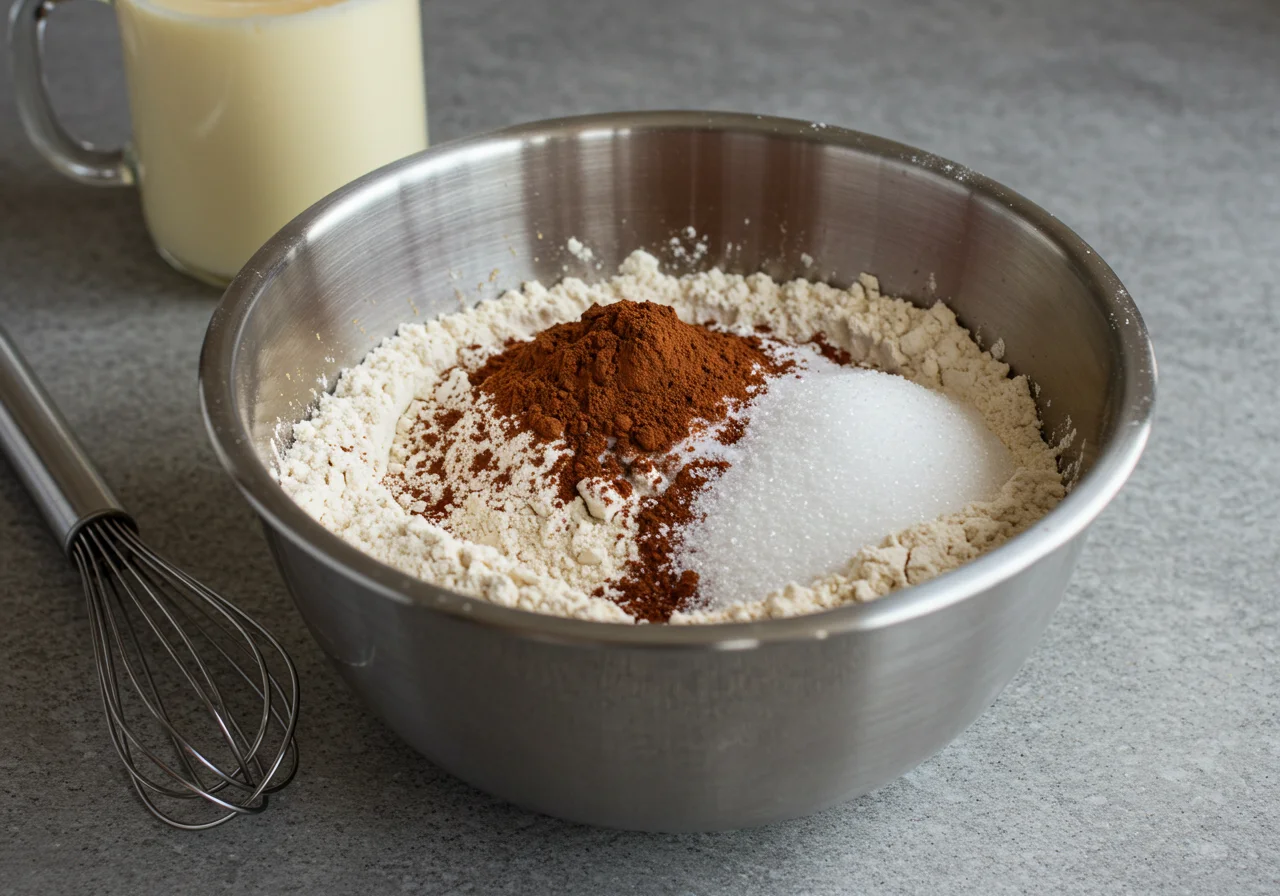Ingredientes secos para Bolo de Chocolate Sicao Nobre, incluindo farinha e cacau em pó.