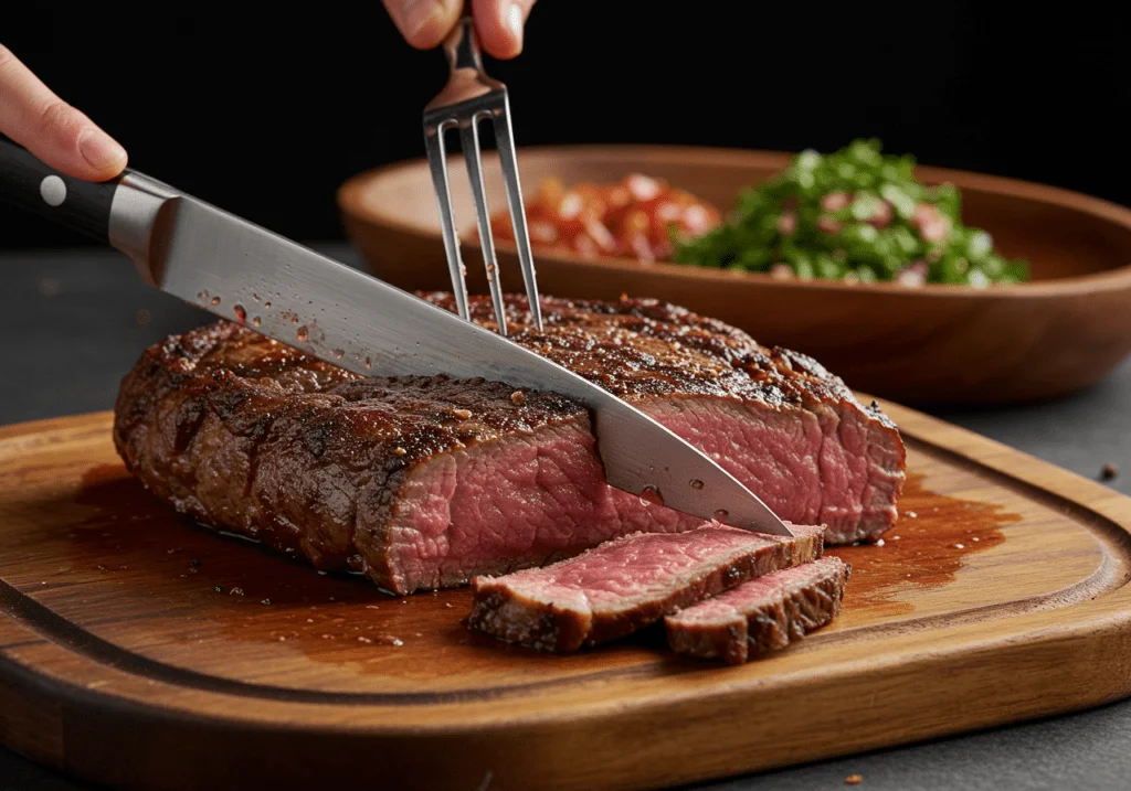 Juicy grilled picanha sliced and ready for serving in Churrasco Gaúcho Majestoso.