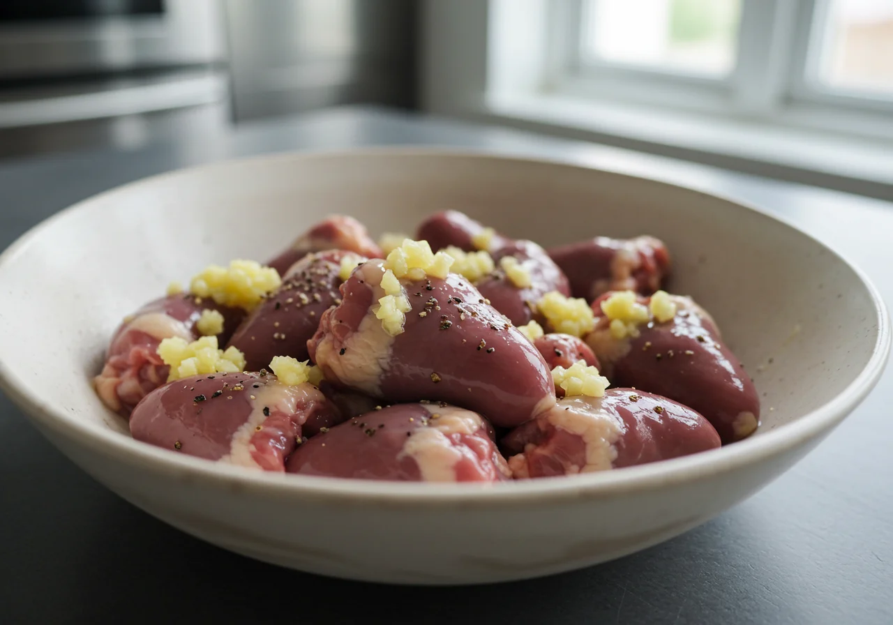 Coração de frango marinado em temperos para como temperar coração de frango.