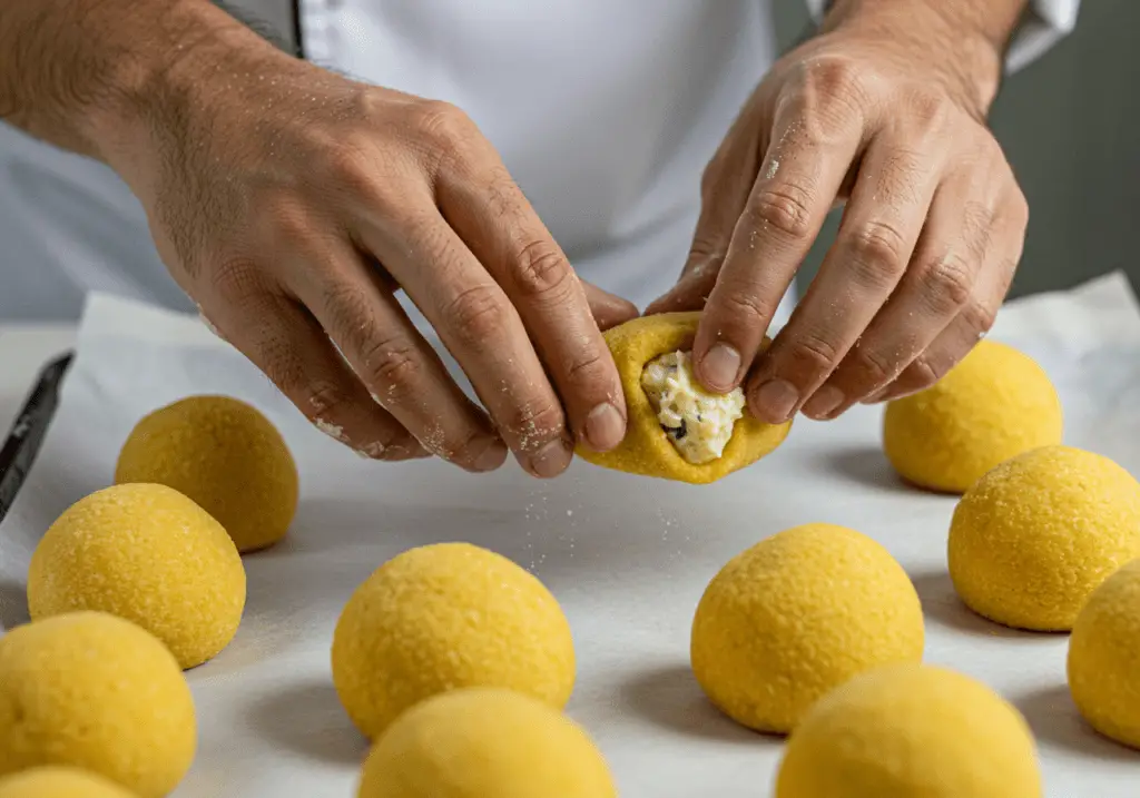 Coxinhas sendo moldadas e colocadas em uma bandeja, prontas para serem fritas.