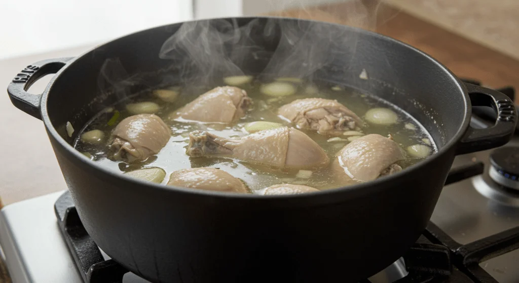 Frango cozinhando com cebola e alho para o recheio da coxinha dourada e suave do Brasil.