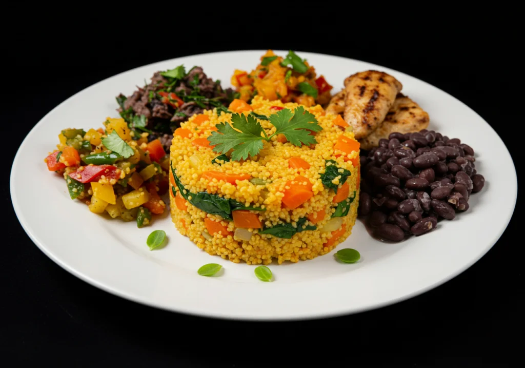 Prato de Cuscuz Nordestino Colorido com ervas frescas, ideal para uma refeição festiva.