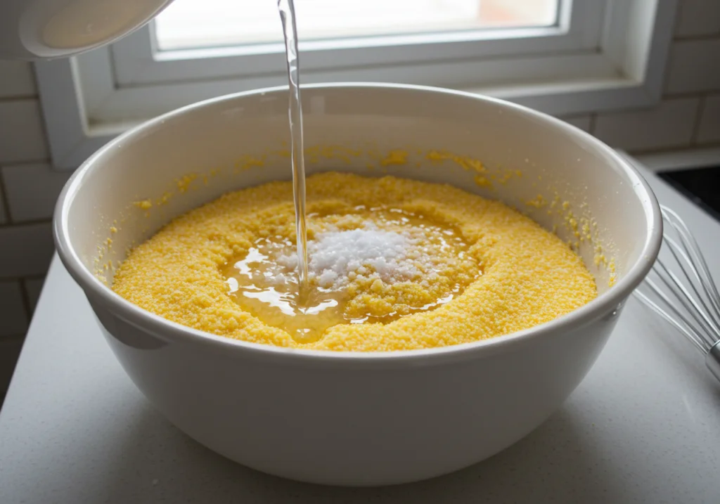 Mistura de fubá com água e sal para preparar Cuscuz Nordestino Colorido.