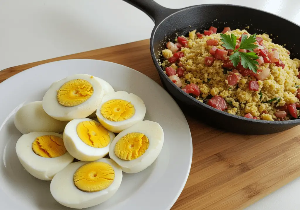 Boiled eggs ready to be served with Farofa Temperada da Festa Nacional com Ovos e Bacon.