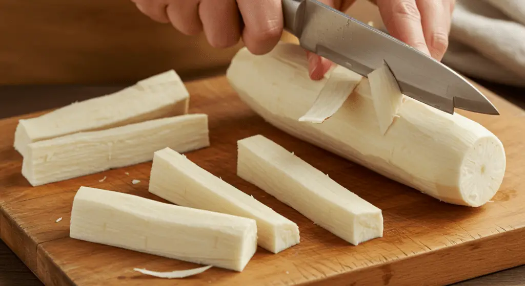 Cassava roots being peeled and cut into sticks for Mandioca Frita com Crocância Incomparável.