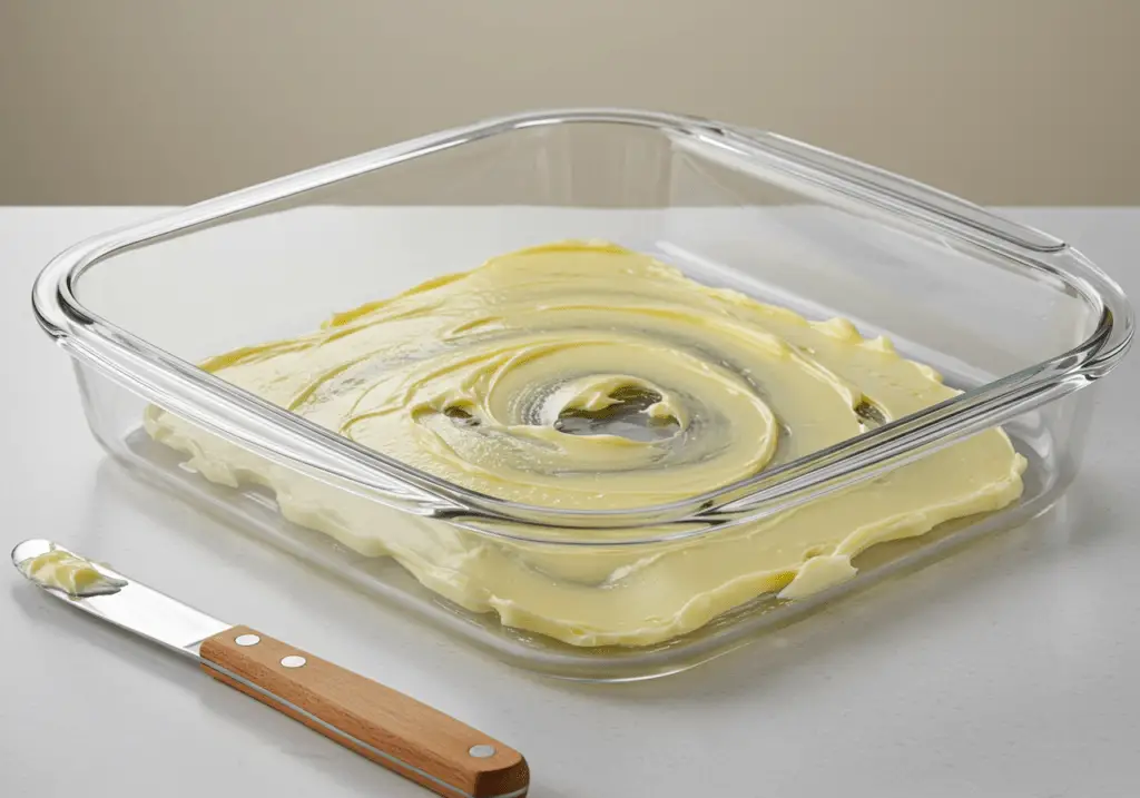 Forma de vidro untada com manteiga para receber a mistura do Manjar Branco Celestial.