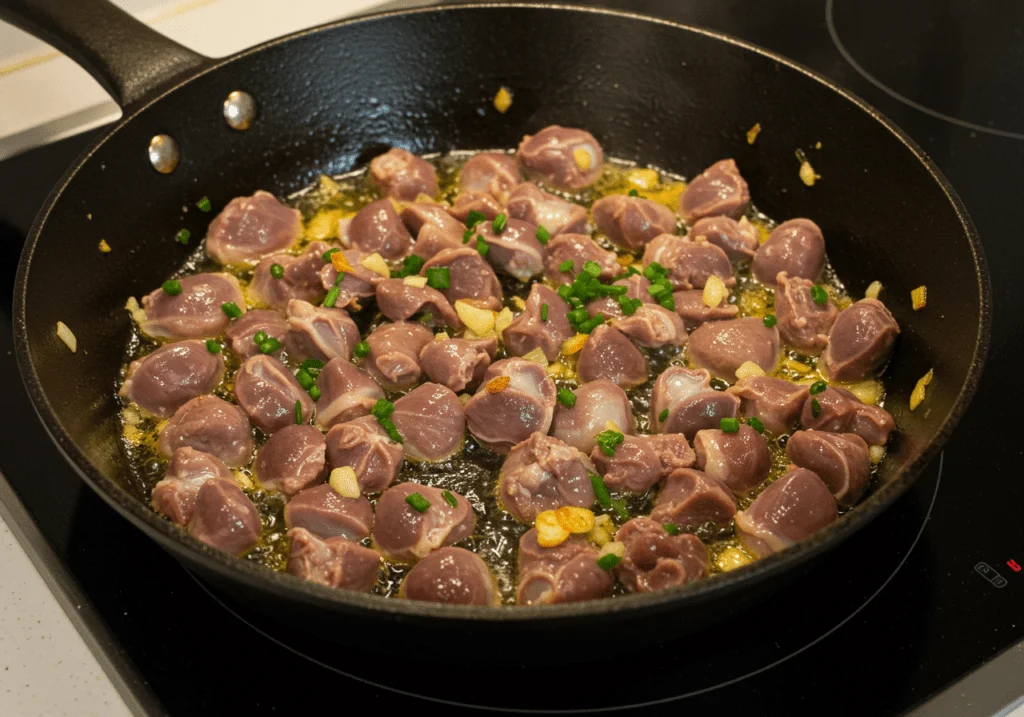 Moela de frango refogada com alho e ervas em uma frigideira.