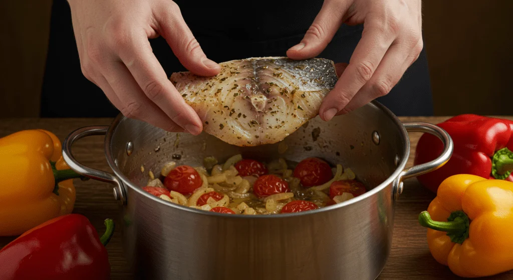 Peixe marinado sendo adicionado à panela com cebola e tomate para Moqueca Baiana.