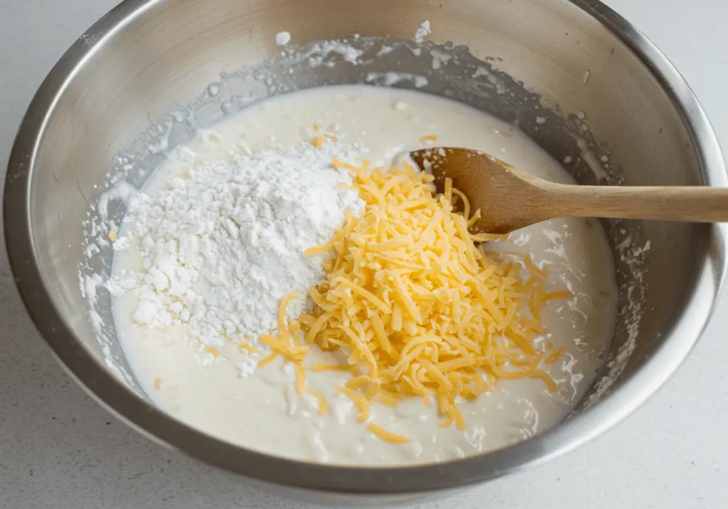 Ingredients for Pão de Queijo Crocante mixed in a bowl.