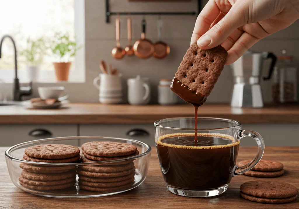 Biscoitos de chocolate sendo mergulhados em café para o pavê de chocolate de camadas de luxo.