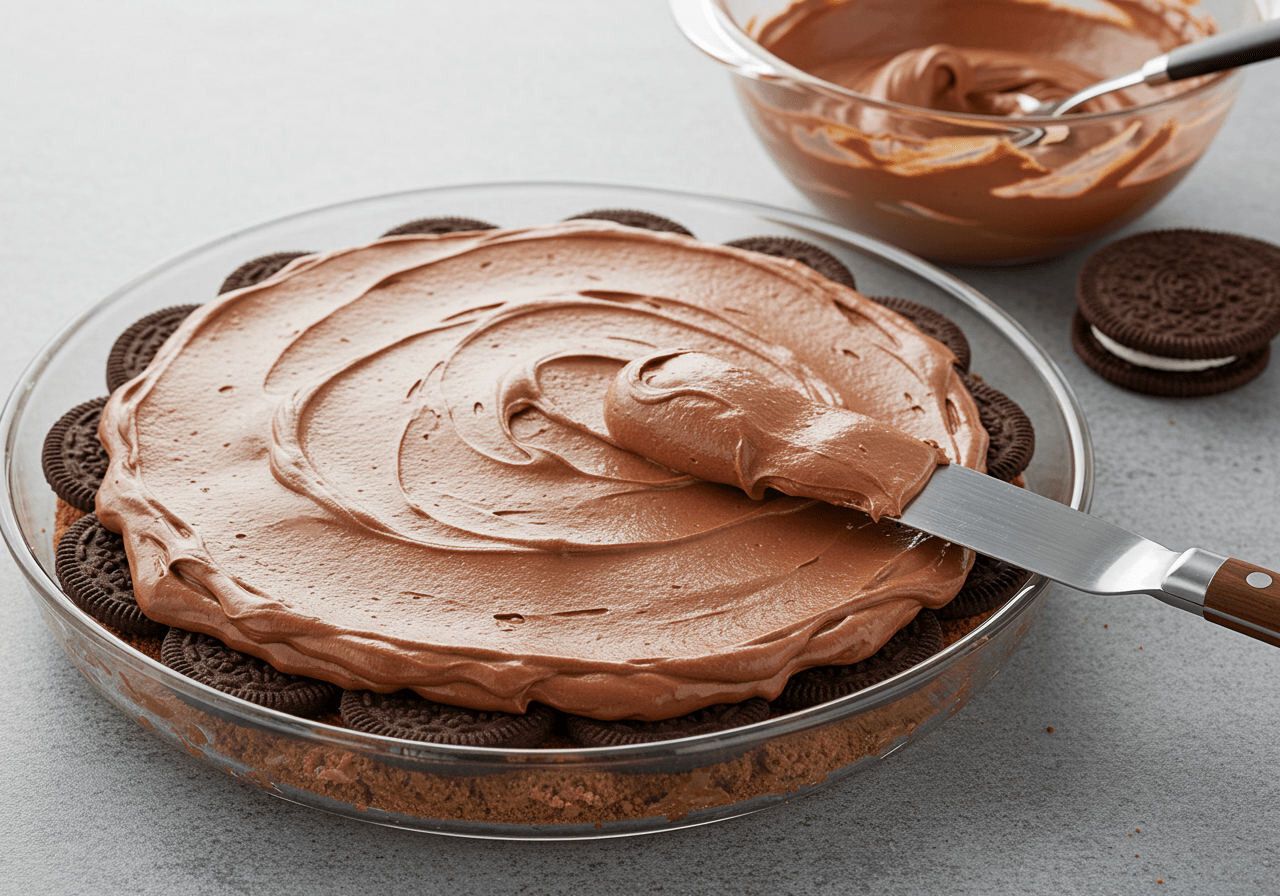 Camada de creme de chocolate sendo espalhada sobre os biscoitos no pavê de chocolate com camadas de luxo.