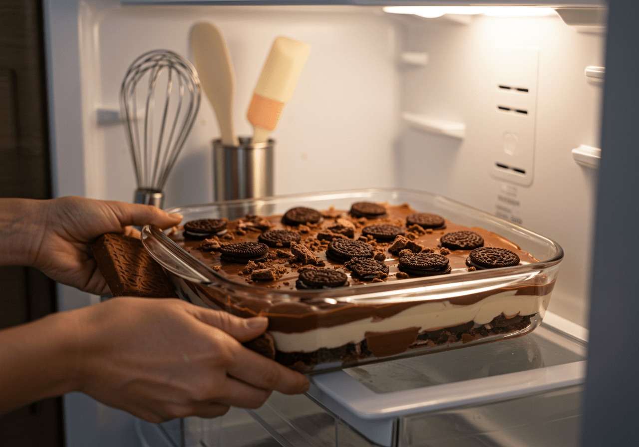 Pavê de chocolate montado sendo levado para a geladeira para firmar.